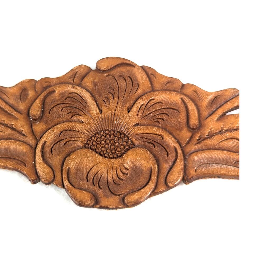 Vintage 70s Tooled Leather Floral Choker Collar Necklace Western Boot Strap 11"